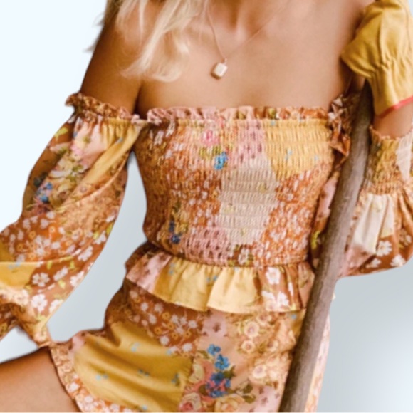 Spell x Free People Freda Shirred XS Yellow Organic Cotton Patchwork Smocked Top - Picture 5 of 16